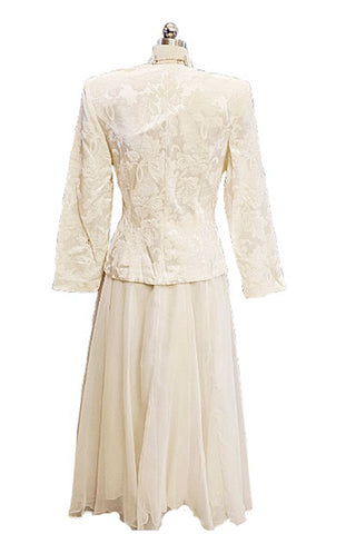 80S NAH NAH COLLECTION 2-PIECE EVENING OUTFIT - IVORY BROCADE PEARL BEADED JACKET FLOOR LENGTH SKIRT