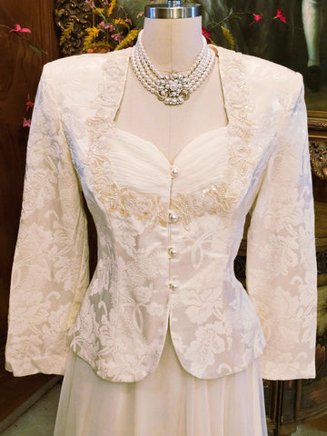 80S NAH NAH COLLECTION 2-PIECE EVENING OUTFIT - IVORY BROCADE PEARL BEADED JACKET FLOOR LENGTH SKIRT