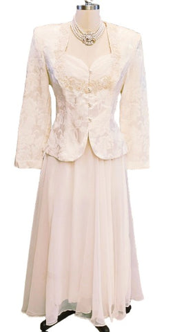 80S NAH NAH COLLECTION 2-PIECE EVENING OUTFIT - IVORY BROCADE PEARL BEADED JACKET FLOOR LENGTH SKIRT