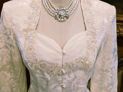 80S NAH NAH COLLECTION 2-PIECE EVENING OUTFIT - IVORY BROCADE PEARL BEADED JACKET FLOOR LENGTH SKIRT