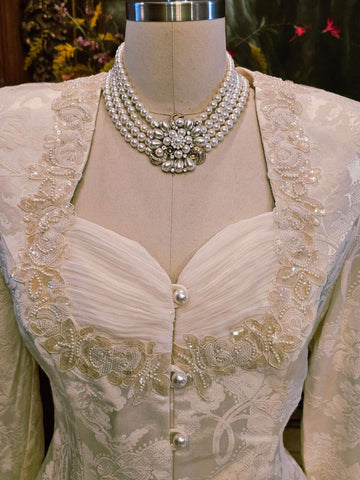 80S NAH NAH COLLECTION 2-PIECE EVENING OUTFIT - IVORY BROCADE PEARL BEADED JACKET FLOOR LENGTH SKIRT