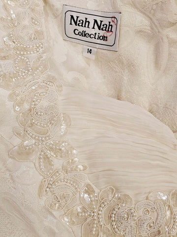 80S NAH NAH COLLECTION 2-PIECE EVENING OUTFIT - IVORY BROCADE PEARL BEADED JACKET FLOOR LENGTH SKIRT