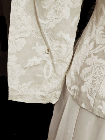 80S NAH NAH COLLECTION 2-PIECE EVENING OUTFIT - IVORY BROCADE PEARL BEADED JACKET FLOOR LENGTH SKIRT