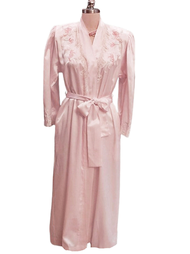 VINTAGE NATORI SAKS FIFTH AVENUE SATINY PEIGNOIR WITH FABULOUS FLORAL EMBROIDERY