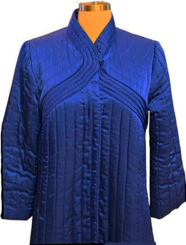 VINTAGE NEIMAN MARCUS SAPPHIRE BLUE SATINY QUILTED ROBE - HONG KONG -  STEP-IN ZIP FRONT - LOUNGE ROBE