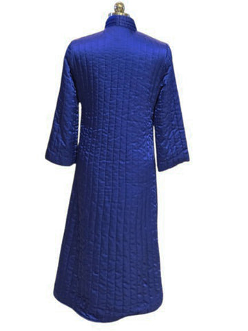 VINTAGE NEIMAN MARCUS SAPPHIRE BLUE SATINY QUILTED ROBE - HONG KONG -  STEP-IN ZIP FRONT - LOUNGE ROBE