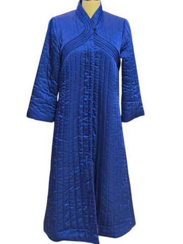VINTAGE NEIMAN MARCUS SAPPHIRE BLUE SATINY QUILTED ROBE - HONG KONG -  STEP-IN ZIP FRONT - LOUNGE ROBE