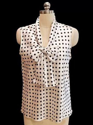 NEW WITH TAGS - NINE WEST WHITE SATIN WITH BLACK DOT SATIN BLOUSE WITH BOW SIZE LARGE