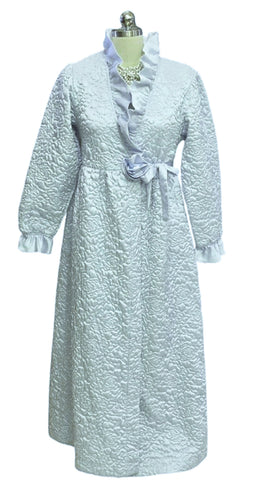 VINTAGE QUILTED GLEAMING SATIN BRIDAL TROUSSESU ROBE DRESSING GOWN - LARGE SATIN ROSE -  IN BLUE MIST