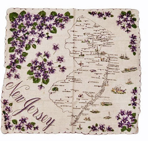 VINTAGE SCALLOPED VIOLETS STATE OF NEW JERSEY DESIGNER HANDKERCHIEF