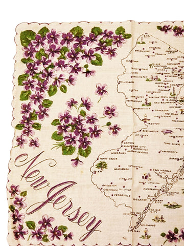 VINTAGE SCALLOPED VIOLETS STATE OF NEW JERSEY DESIGNER HANDKERCHIEF