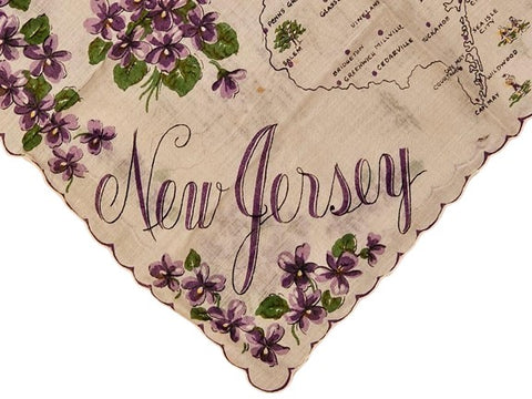 VINTAGE SCALLOPED VIOLETS STATE OF NEW JERSEY DESIGNER HANDKERCHIEF