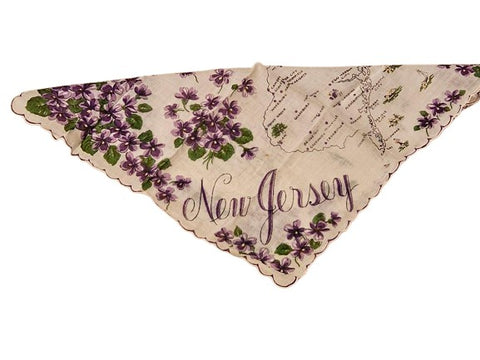 VINTAGE SCALLOPED VIOLETS STATE OF NEW JERSEY DESIGNER HANDKERCHIEF