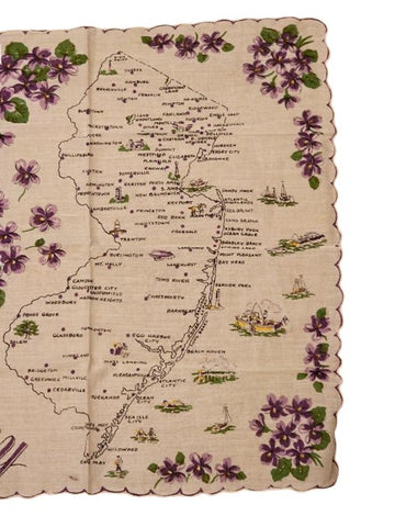 VINTAGE SCALLOPED VIOLETS STATE OF NEW JERSEY DESIGNER HANDKERCHIEF