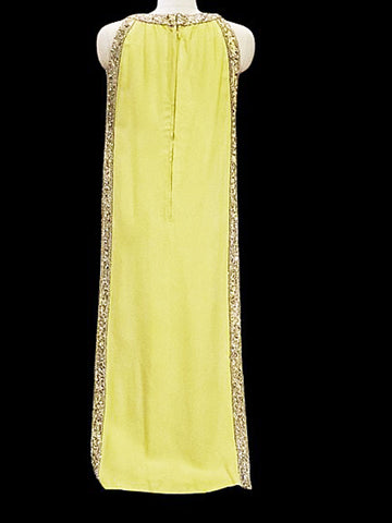 GLAMOROUS 1960 / 1970s NITA CLAIRE GRECIAN EVENING GOWN ENCRUSTED WITH RHINESTONES BEADS SHOT SEQUINS & METAL ZIPPER IN CHARTREUSE