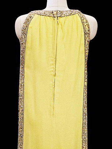 GLAMOROUS 1960 / 1970s NITA CLAIRE GRECIAN EVENING GOWN ENCRUSTED WITH RHINESTONES BEADS SHOT SEQUINS & METAL ZIPPER IN CHARTREUSE