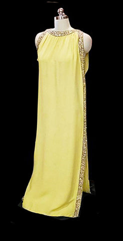 GLAMOROUS 1960 / 1970s NITA CLAIRE GRECIAN EVENING GOWN ENCRUSTED WITH RHINESTONES BEADS SHOT SEQUINS & METAL ZIPPER IN CHARTREUSE