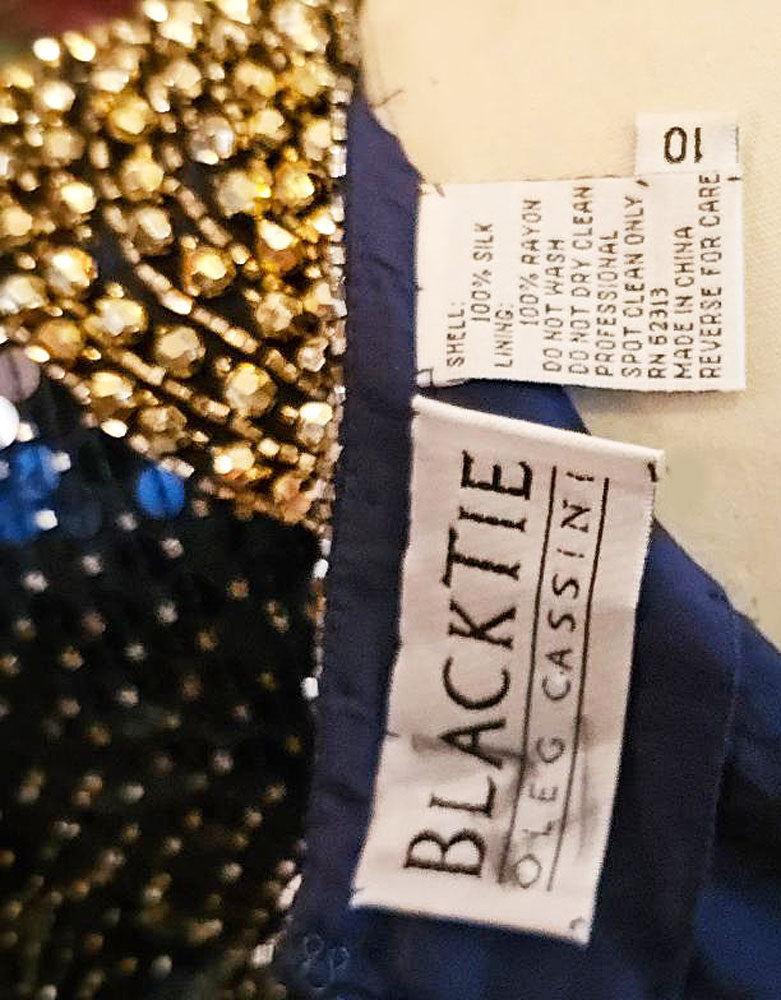 VINTAGE GLAMOROUS OLEG CASSINI BLACK TIE SILK NAVY SEQUIN GOLD BEADED Vintage Clothing & Fashions | Midnight Glamour VINTAGE GLAMOROUS OLEG CASSINI BLACK TIE SILK NAVY SEQUIN GOLD BEADED Vintage Clothing & Fashions | Midnight Glamour