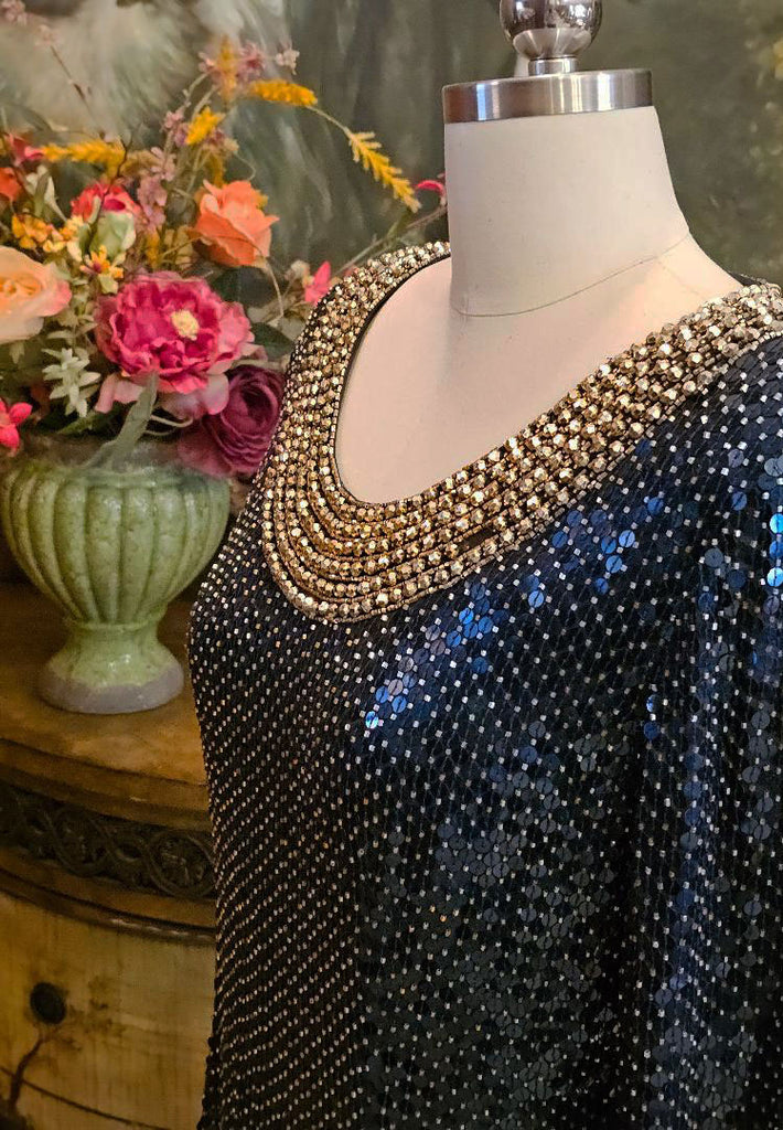 oleg cassini black tie dress VINTAGE GLAMOROUS OLEG CASSINI BLACK TIE SILK NAVY SEQUIN GOLD BEADED – Vintage Clothing & Fashions