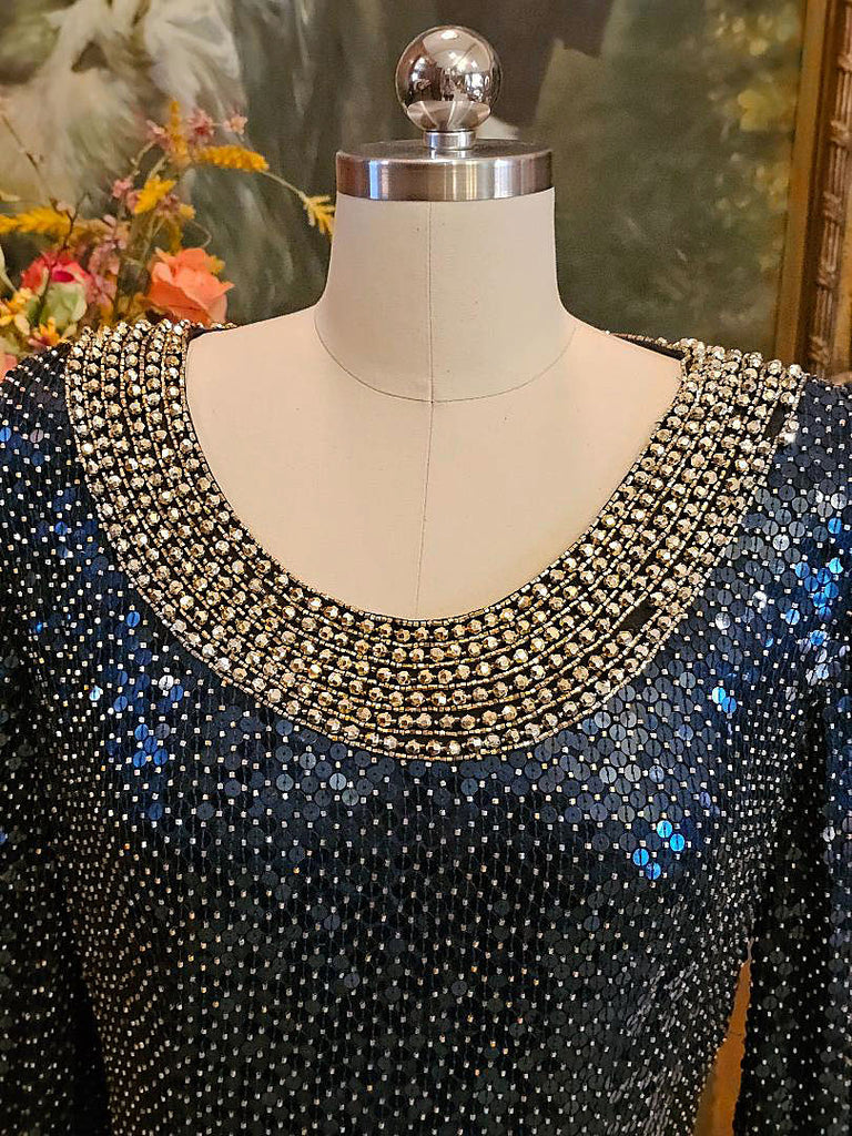 VINTAGE GLAMOROUS OLEG CASSINI BLACK TIE SILK NAVY SEQUIN GOLD BEADED Vintage Clothing & Fashions | Midnight Glamour VINTAGE GLAMOROUS OLEG CASSINI BLACK TIE SILK NAVY SEQUIN GOLD BEADED Vintage Clothing & Fashions | Midnight Glamour