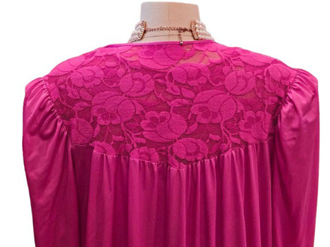 VINTAGE OLGA CHRISTINA SPANDEX PEIGNOIR & NIGHTGOWN SET IN GERANIUM - SHEER SPANDEX LACE BODICE - A DESIGNER'S DAUGHTER TRIBUTE LARGE SIZE / POSSIBLY MEDIUM AS WELL