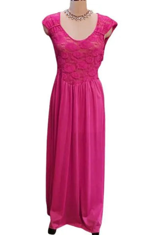 VINTAGE OLGA CHRISTINA SPANDEX PEIGNOIR & NIGHTGOWN SET IN GERANIUM - SHEER SPANDEX LACE BODICE - A DESIGNER'S DAUGHTER TRIBUTE LARGE SIZE / POSSIBLY MEDIUM AS WELL