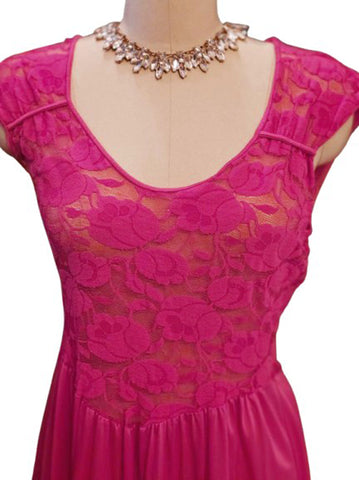 VINTAGE OLGA CHRISTINA SPANDEX PEIGNOIR & NIGHTGOWN SET IN GERANIUM - SHEER SPANDEX LACE BODICE - A DESIGNER'S DAUGHTER TRIBUTE LARGE SIZE / POSSIBLY MEDIUM AS WELL