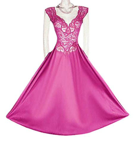 VINTAGE RARE STYLE OLGA FOR VANDEMERE ALL LACE SPANDEX BODICE NIGHTGOWN WITH WIDE STRAPS & ALL LACE BODICE IN BLOOMING AZALEA