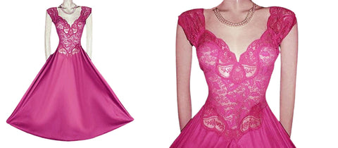 VINTAGE RARE STYLE OLGA FOR VANDEMERE ALL LACE SPANDEX BODICE NIGHTGOWN WITH WIDE STRAPS & ALL LACE BODICE IN BLOOMING AZALEA