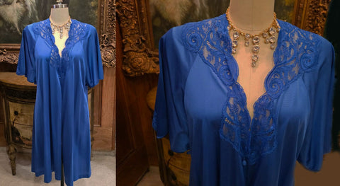 VINTAGE OLGA LACE SILKY NYLON PEIGNOIR IN SAPPHIRE