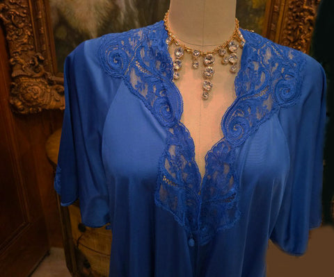 VINTAGE OLGA LACE SILKY NYLON PEIGNOIR IN SAPPHIRE