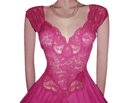 VINTAGE RARE STYLE OLGA FOR VANDEMERE ALL LACE SPANDEX BODICE NIGHTGOWN WITH WIDE STRAPS & ALL LACE BODICE IN BLOOMING AZALEA
