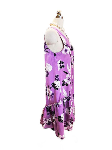 VINTAGE HAWAIIAN FLOUNCE HIBISCUS DRESS IN ORCHID AND BLACK - MADE IN HAWAII