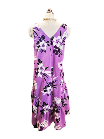 VINTAGE HAWAIIAN FLOUNCE HIBISCUS DRESS IN ORCHID AND BLACK - MADE IN HAWAII