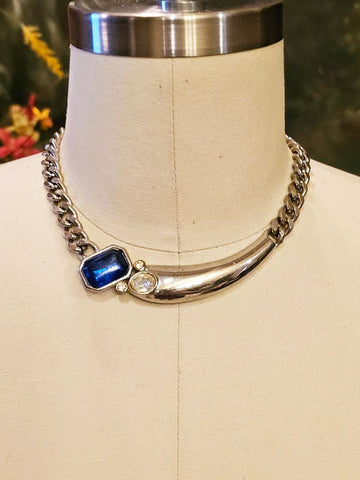 VINTAGE PARK LANE SILVER TONE METAL BLUE AND CLEAR RHINESTONES CHOKER SIGNED NECKLACE