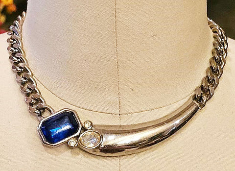 VINTAGE PARK LANE SILVER TONE METAL BLUE AND CLEAR RHINESTONES CHOKER SIGNED NECKLACE