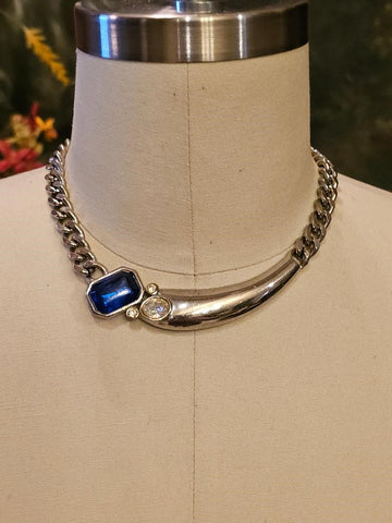 VINTAGE PARK LANE SILVER TONE METAL BLUE AND CLEAR RHINESTONES CHOKER SIGNED NECKLACE