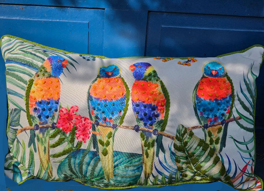 NEW  - COLORFUL PARROT PILLOW WITH YARN KNOTS & ACCENTS ON THE PALM LEAVES
