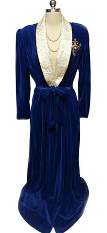 NEW OLD STOCK - VINTAGE KATHLEEN USHERWOOD FOR PERIPHERY IN SAPPHIRE VELVETY VELOUR ROBE WITH CREAM & GOLD EMBROIDERED LAPELS WITH RHINESTONE & PEARL CREST - GORGEOUS! - PERFECT FOR A GIFT FOR CHRISTMAS OR A BIRTHDAY