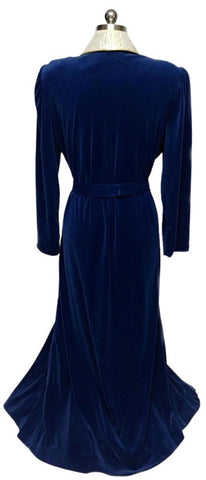 NEW OLD STOCK - VINTAGE KATHLEEN USHERWOOD FOR PERIPHERY IN SAPPHIRE VELVETY VELOUR ROBE WITH CREAM & GOLD EMBROIDERED LAPELS WITH RHINESTONE & PEARL CREST - GORGEOUS! - PERFECT FOR A GIFT FOR CHRISTMAS OR A BIRTHDAY