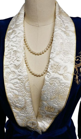 NEW OLD STOCK - VINTAGE KATHLEEN USHERWOOD FOR PERIPHERY IN SAPPHIRE VELVETY VELOUR ROBE WITH CREAM & GOLD EMBROIDERED LAPELS WITH RHINESTONE & PEARL CREST - GORGEOUS! - PERFECT FOR A GIFT FOR CHRISTMAS OR A BIRTHDAY