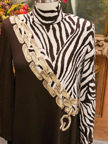 VINTAGE ST. JOHN COLLECTION BY MARIE GRAY BROWN IVORY GOLD TIGER PRINT TUNIC TOP WITH MATCHING SKIRT SET SANTANA KNIT