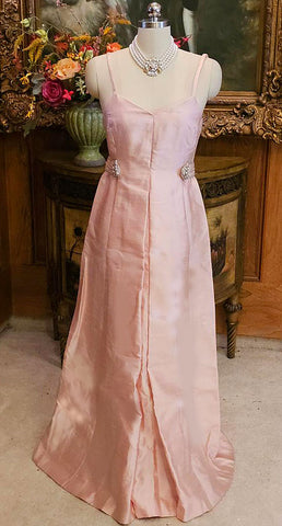 VINTAGE 1960s SILK SHANTUNG JEWELED RHINESTONE FAUX PEARLS BRAID PINK EVENING GOWN