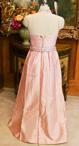 VINTAGE 1960s SILK SHANTUNG JEWELED RHINESTONE FAUX PEARLS BRAID PINK EVENING GOWN