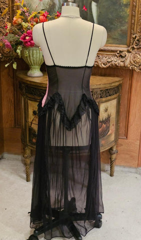 VINTAGE BUSTIER NIGHTGOWN BLACK LACE ROSE JACQUARD UNDERWIRE SHEER PANELS SEXY
