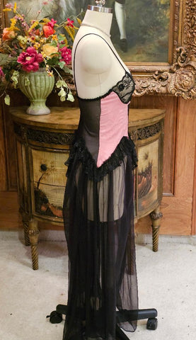 VINTAGE BUSTIER NIGHTGOWN BLACK LACE ROSE JACQUARD UNDERWIRE SHEER PANELS SEXY
