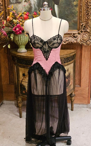 VINTAGE BUSTIER NIGHTGOWN BLACK LACE ROSE JACQUARD UNDERWIRE SHEER PANELS SEXY