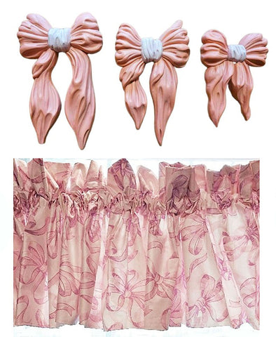 VINTAGE DECORATOR PINK BOWS 4 YARDS VALANCE - CUSTOM MADE - WITH HOMCO SHABBY CHIC DECORATIVE WALL ART FOR NURSERY OR LITTLE GIRL'S BEDROOM