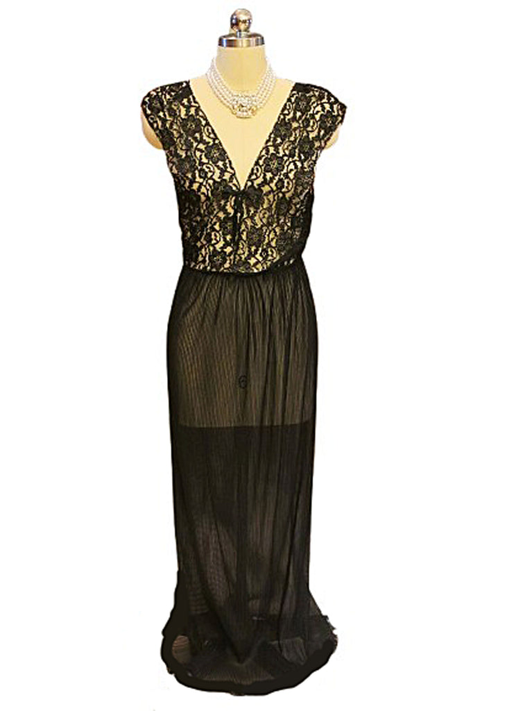 VINTAGE POWERS MODEL BLACK LACE CRYSTAL PLEATED NIGHTGOWN – SOPHISTICATED DRAMATIC