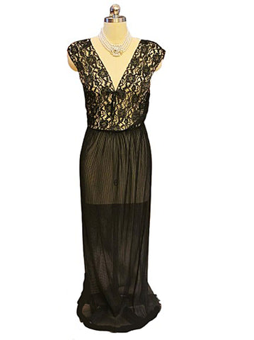VINTAGE POWERS MODEL BLACK LACE CRYSTAL PLEATED NIGHTGOWN – SOPHISTICATED DRAMATIC